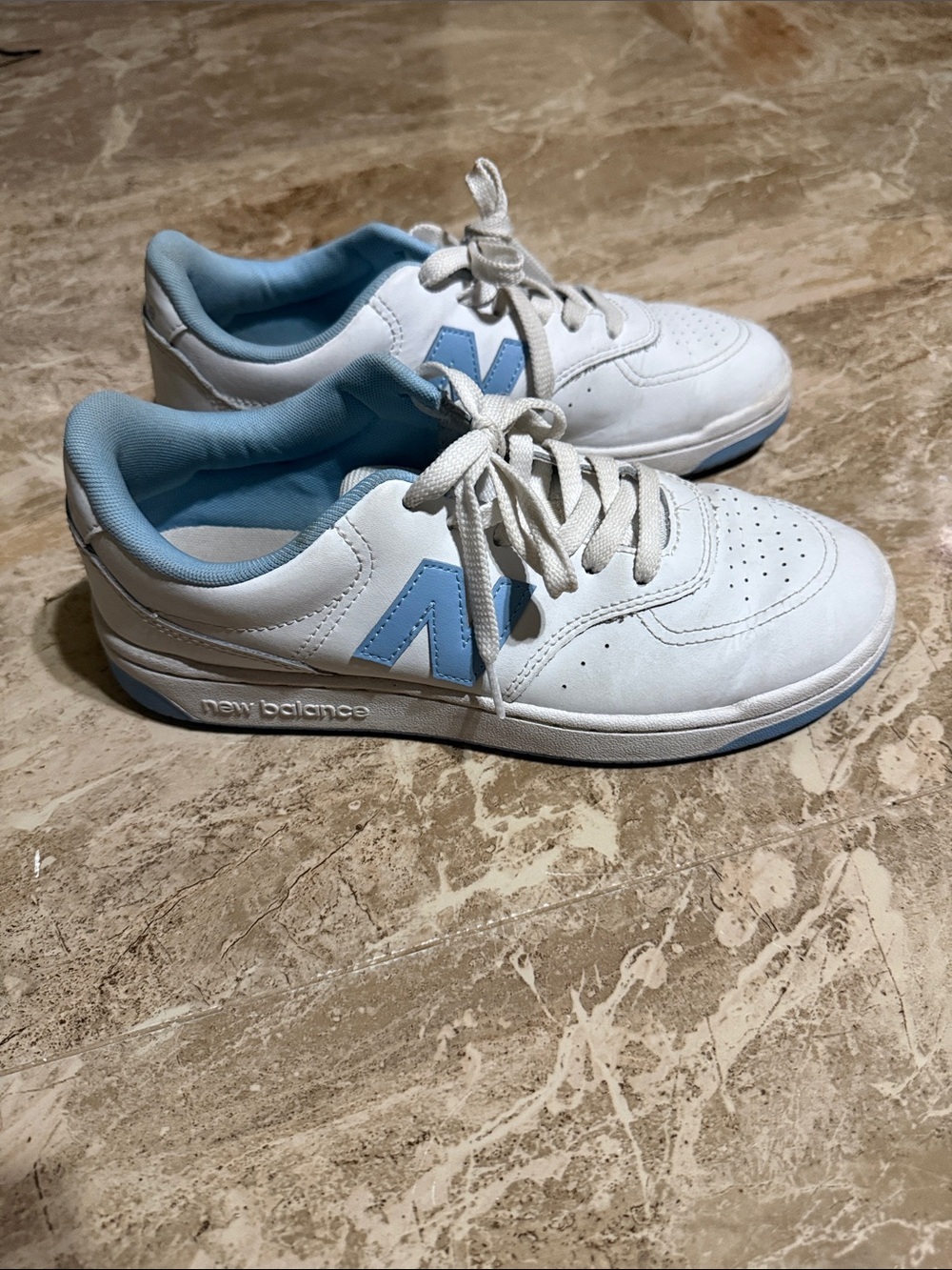 New Balance White & Light Blue Low-Top Sneakers
